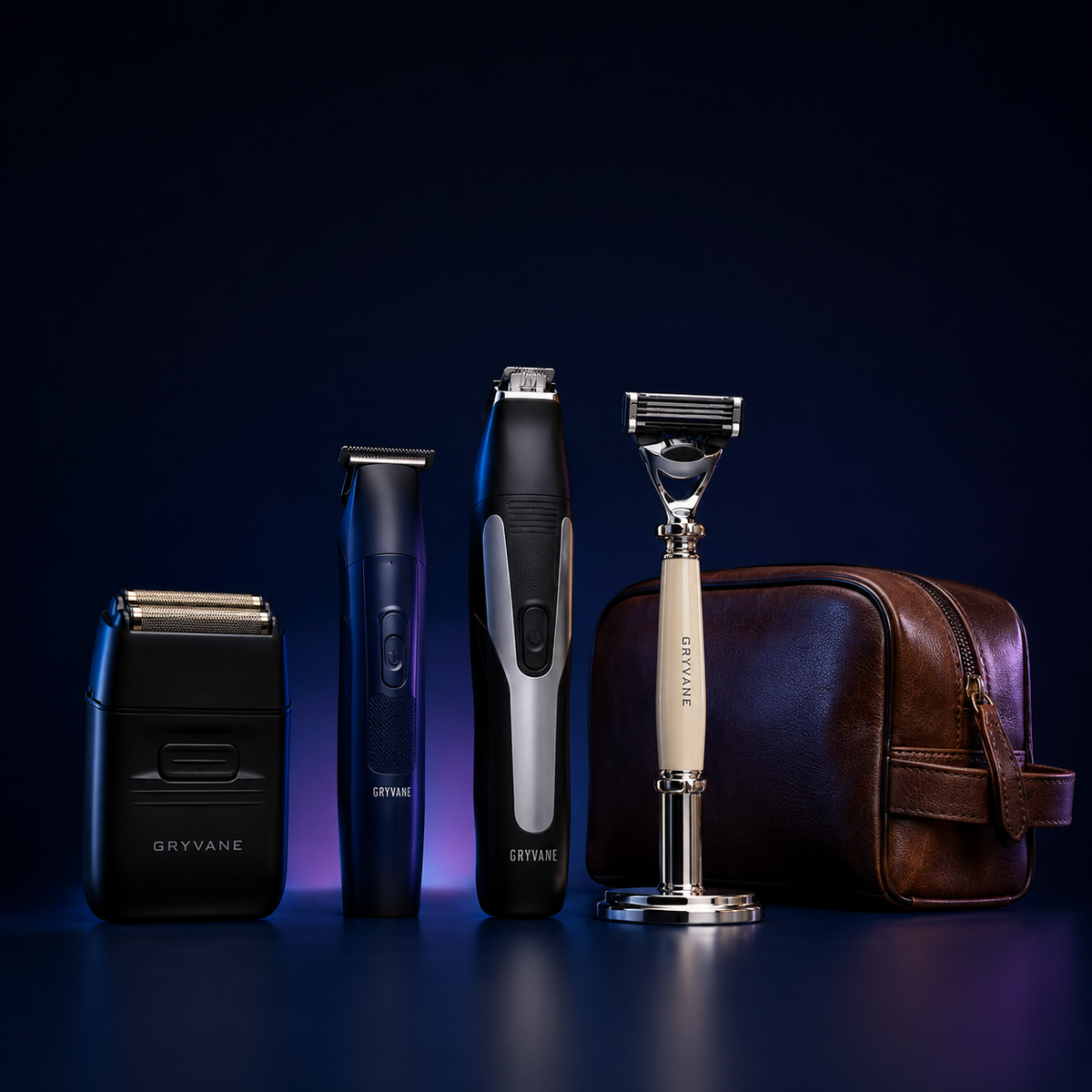 Gryvane grooming collection with shavers, trimmers, razor and travel bag